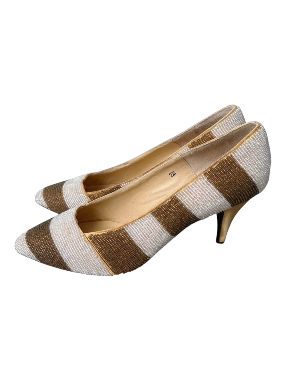 Vintage Cervelle Beaded Pumps Womens 7 B Gold White Striped Pointed Toe Heels